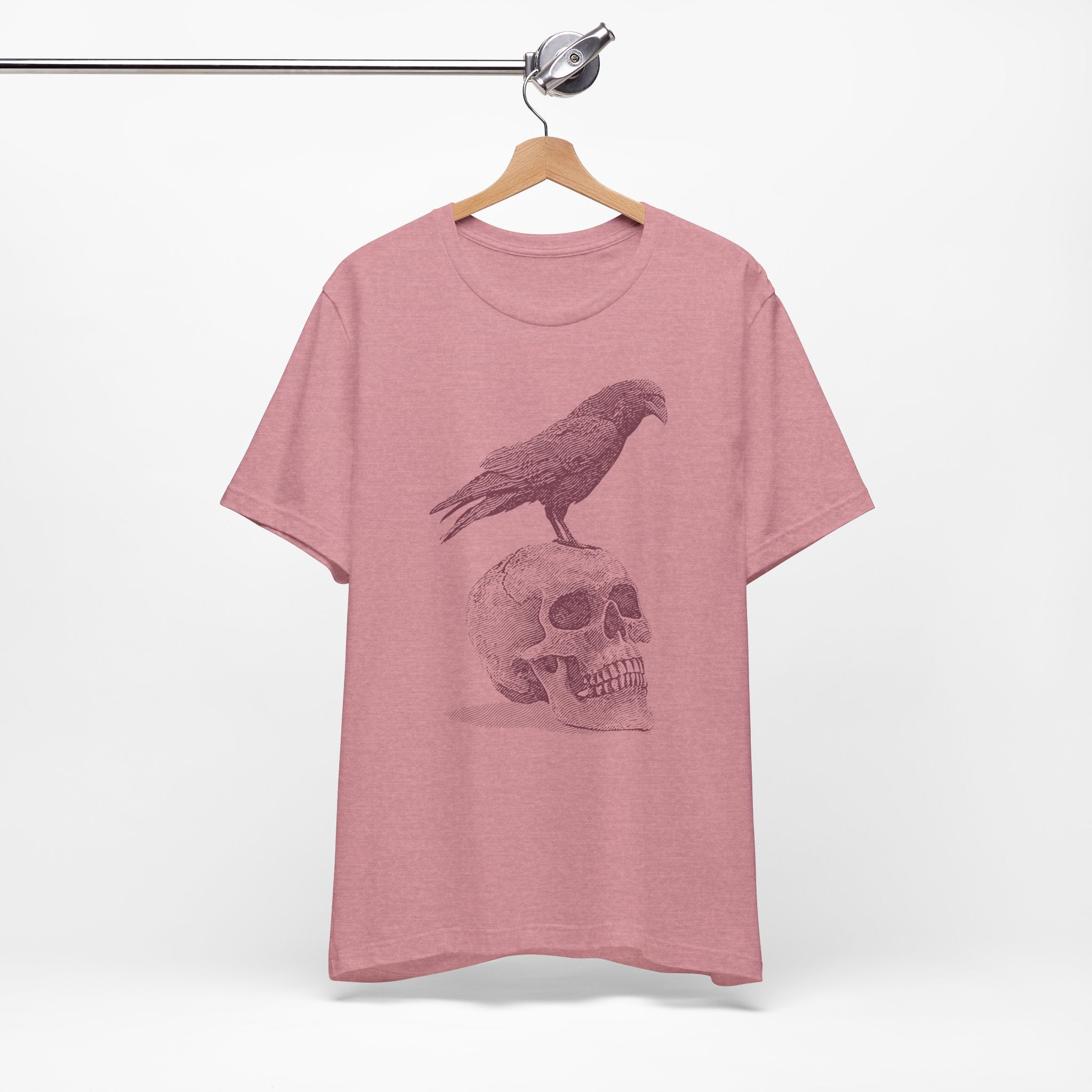 Crow on Skull Woodcut Design T-Shirt | Gothic Art Graphic Tee