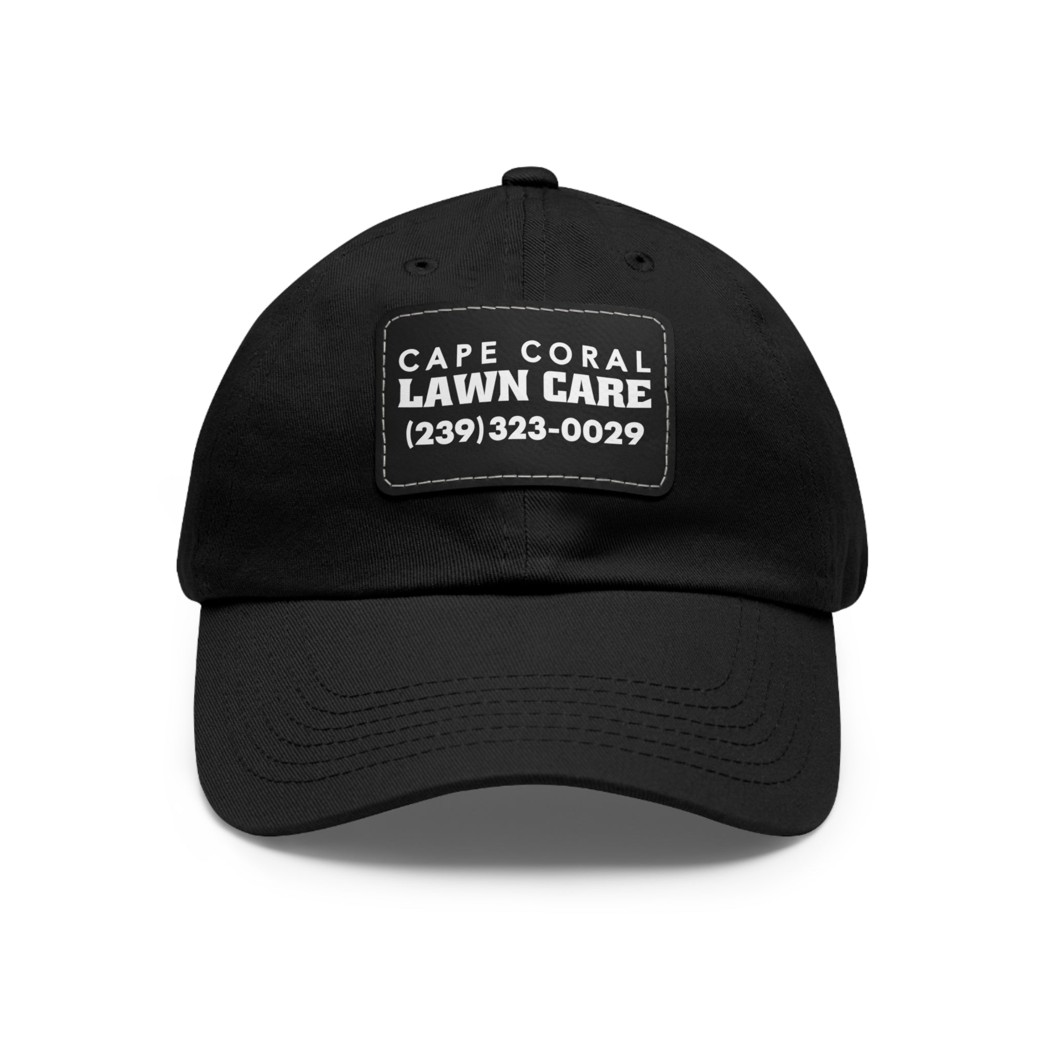 Cape Coral Lawn Care Logo Text White Dad Hat with Leather Patch (Rectangle) - Deez Teez