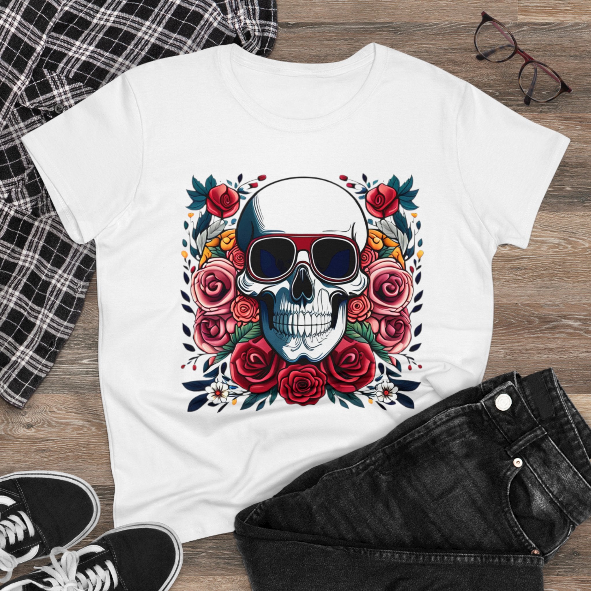 Skull Chic Rosebud Blossom Women's | Feminine Skull Graphic T-Shirt - Deez Teez