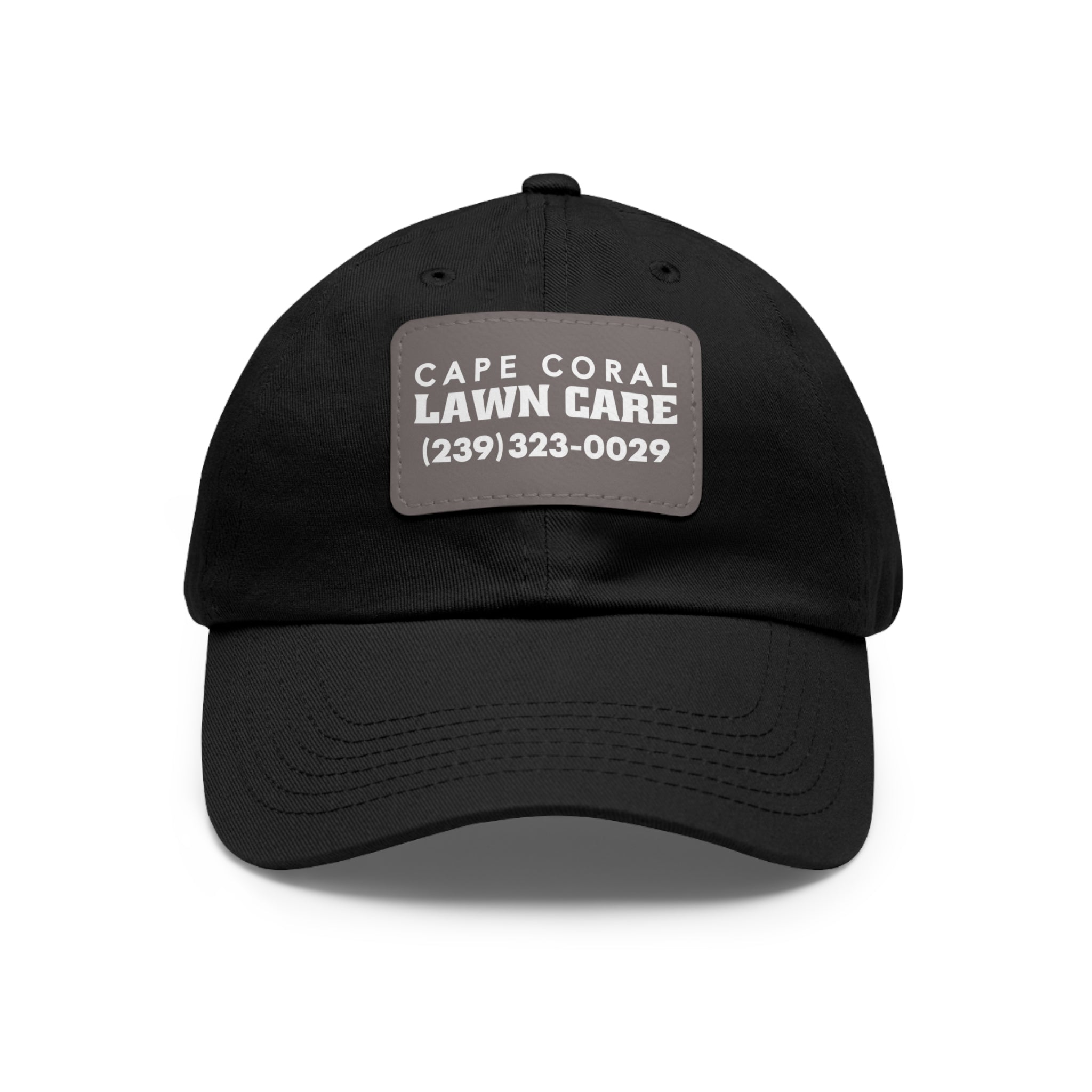 Cape Coral Lawn Care Logo Text White Dad Hat with Leather Patch (Rectangle) - Deez Teez