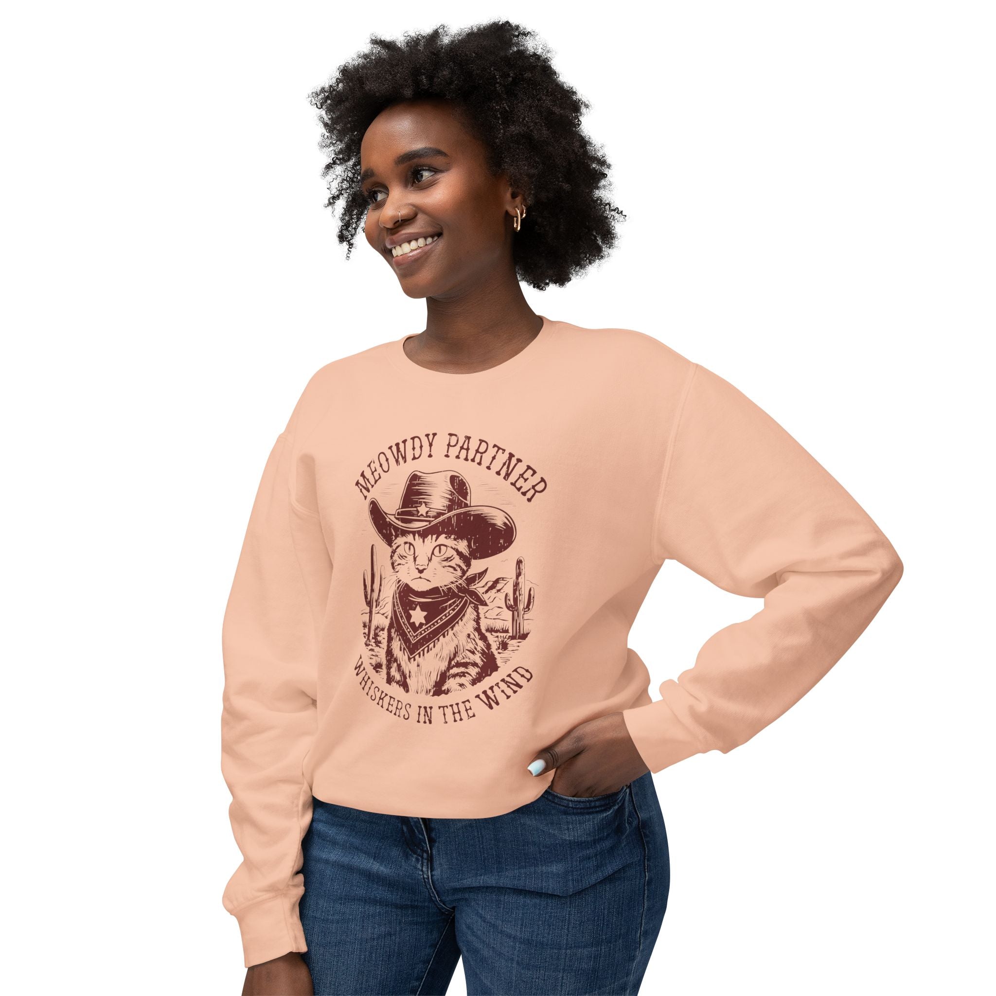 "Meowdy Partner - Whiskers in the Wind" Cowboy Western Theme Cat Lover Rodeo Design Sweatshirt - Deez Teez