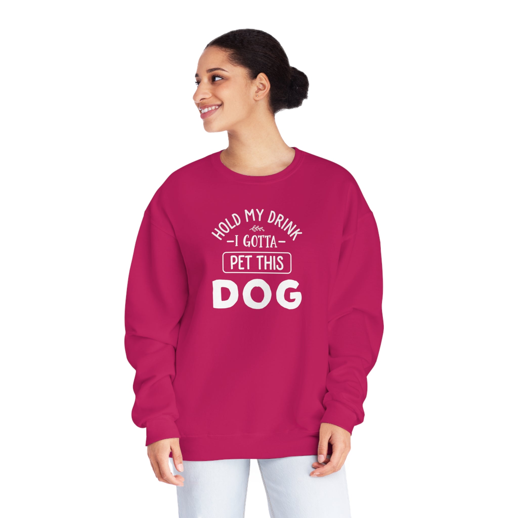 'Hold My Drink I Gotta Pet This Dog' Humorous Unisex NuBlend® Crewneck Sweatshirt - Deez Teez