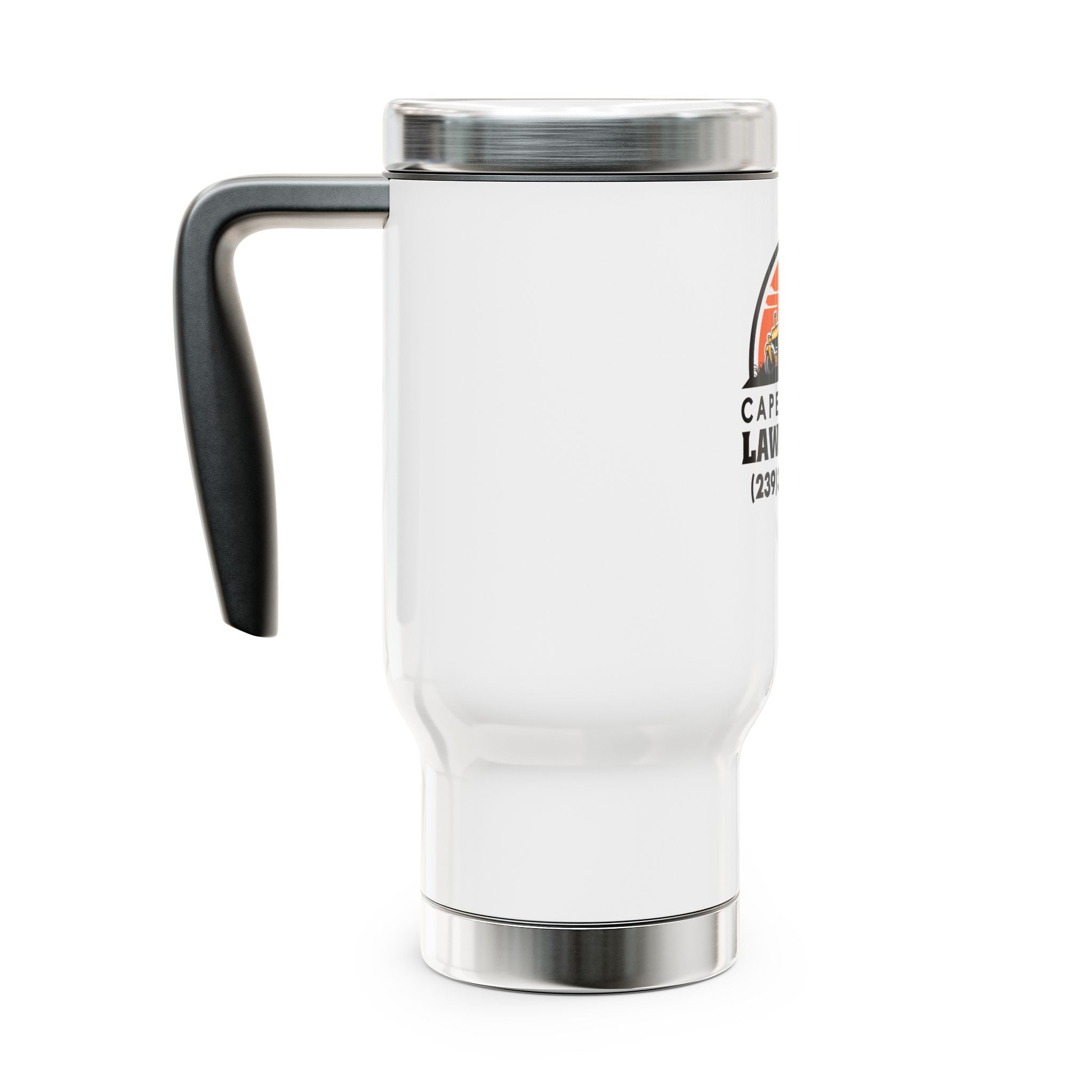 Custom Brand Stainless Steel Travel Mug with Handle, 14oz | Cape Coral Lawn Care - Deez Teez