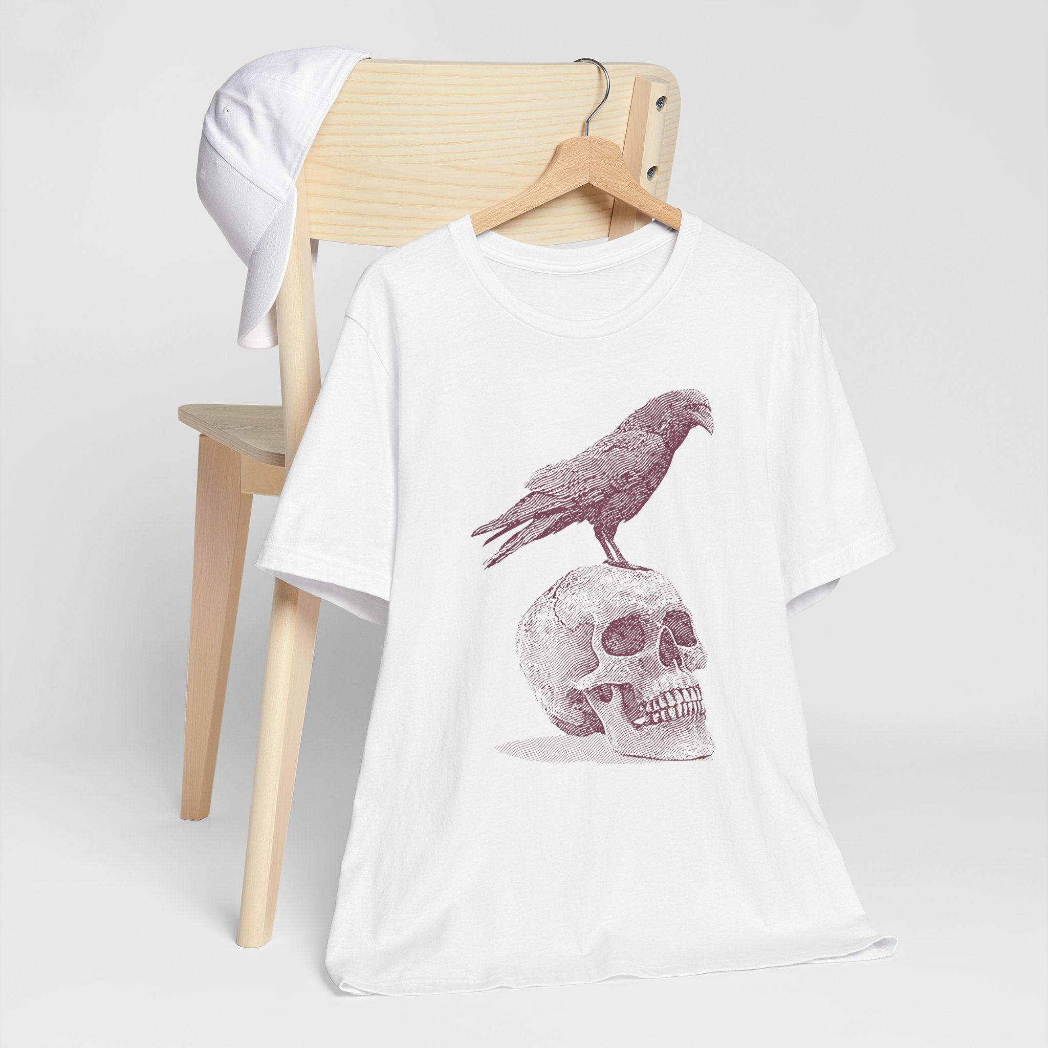 Crow on Skull Woodcut Design T-Shirt | Gothic Art Graphic Tee