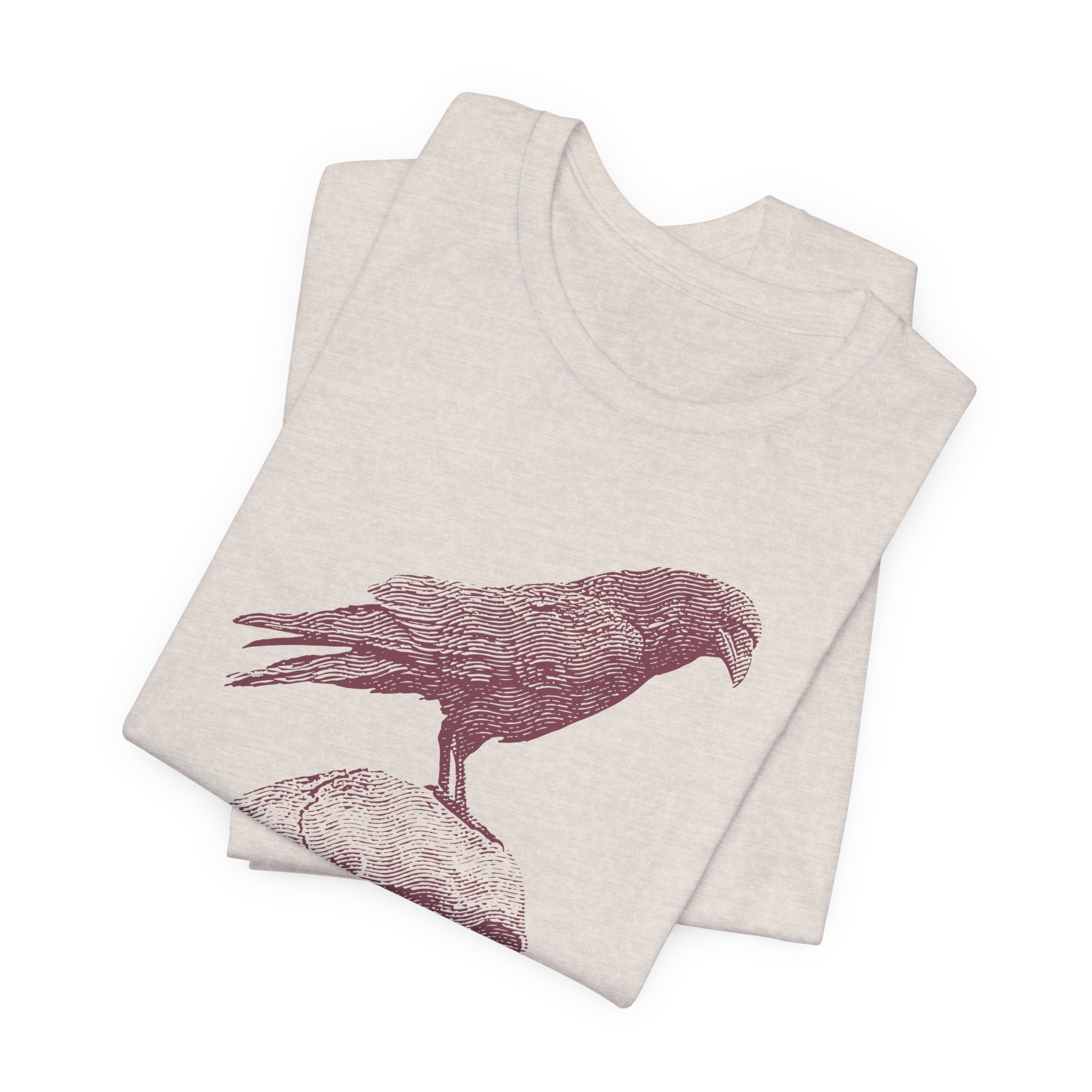 Crow on Skull Woodcut Design T-Shirt | Gothic Art Graphic Tee