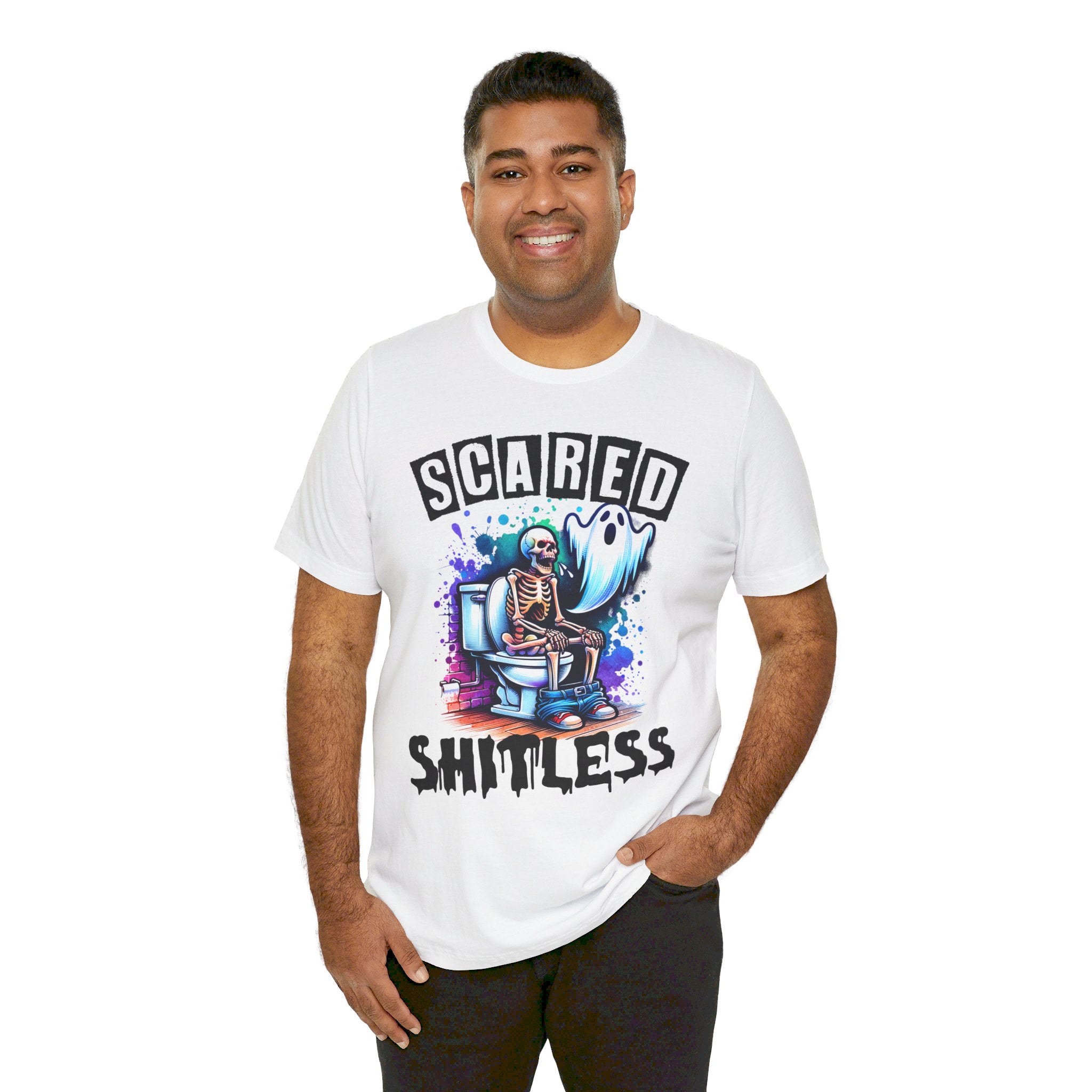 Scared Shitless Tee | Skeleton On the Toilet | Dad Humor Pun T-Shirt - Deez Teez