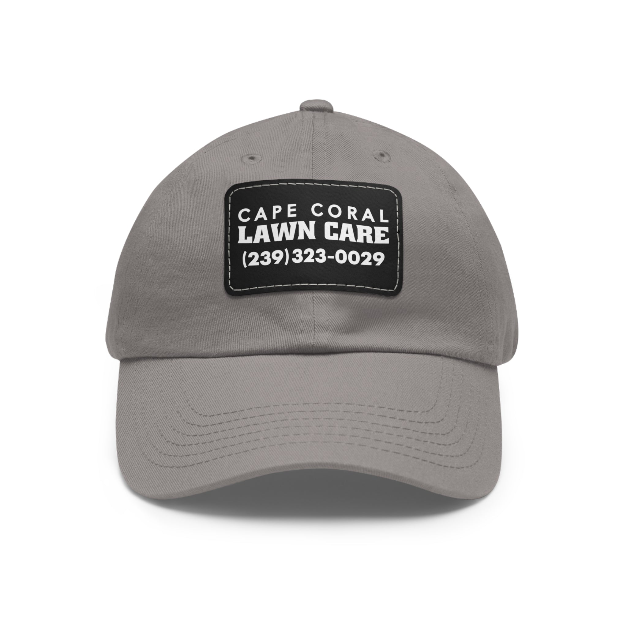 Cape Coral Lawn Care Logo Text White Dad Hat with Leather Patch (Rectangle) - Deez Teez