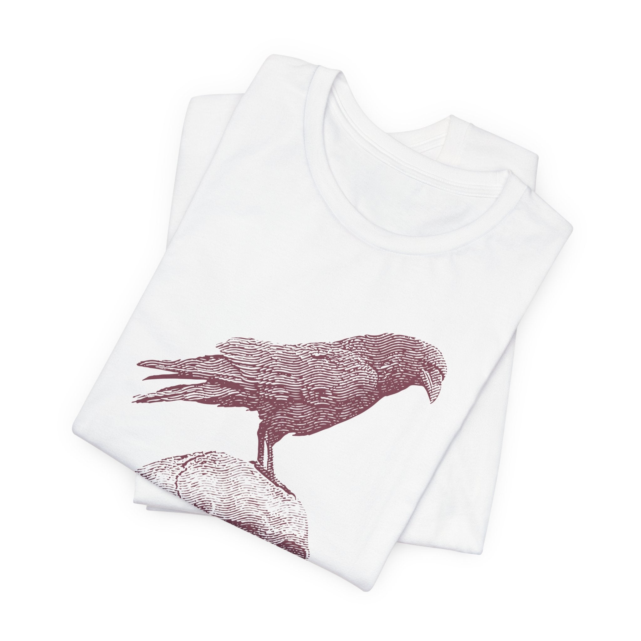 Crow on Skull Woodcut Design T-Shirt | Gothic Art Graphic Tee