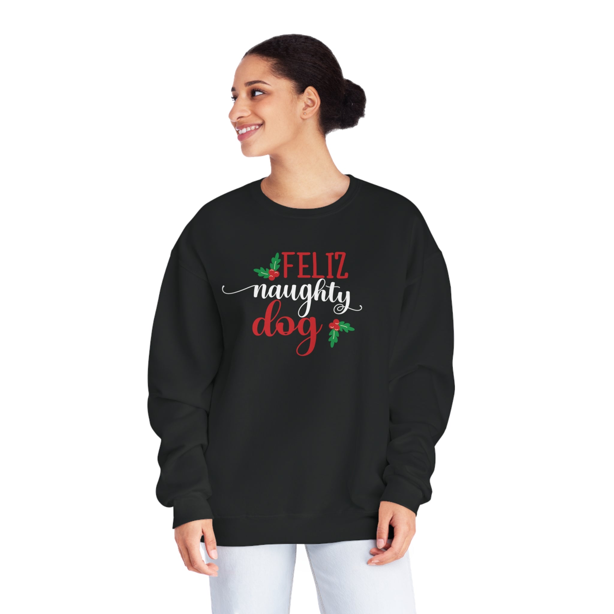 'Feliz Naughty Dog' Funny Christmas Unisex NuBlend® Crewneck Sweatshirt - Deez Teez