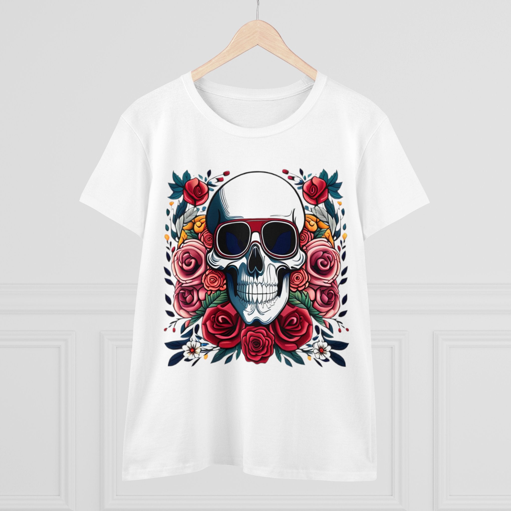 Skull Chic Rosebud Blossom Women's | Feminine Skull Graphic T-Shirt - Deez Teez