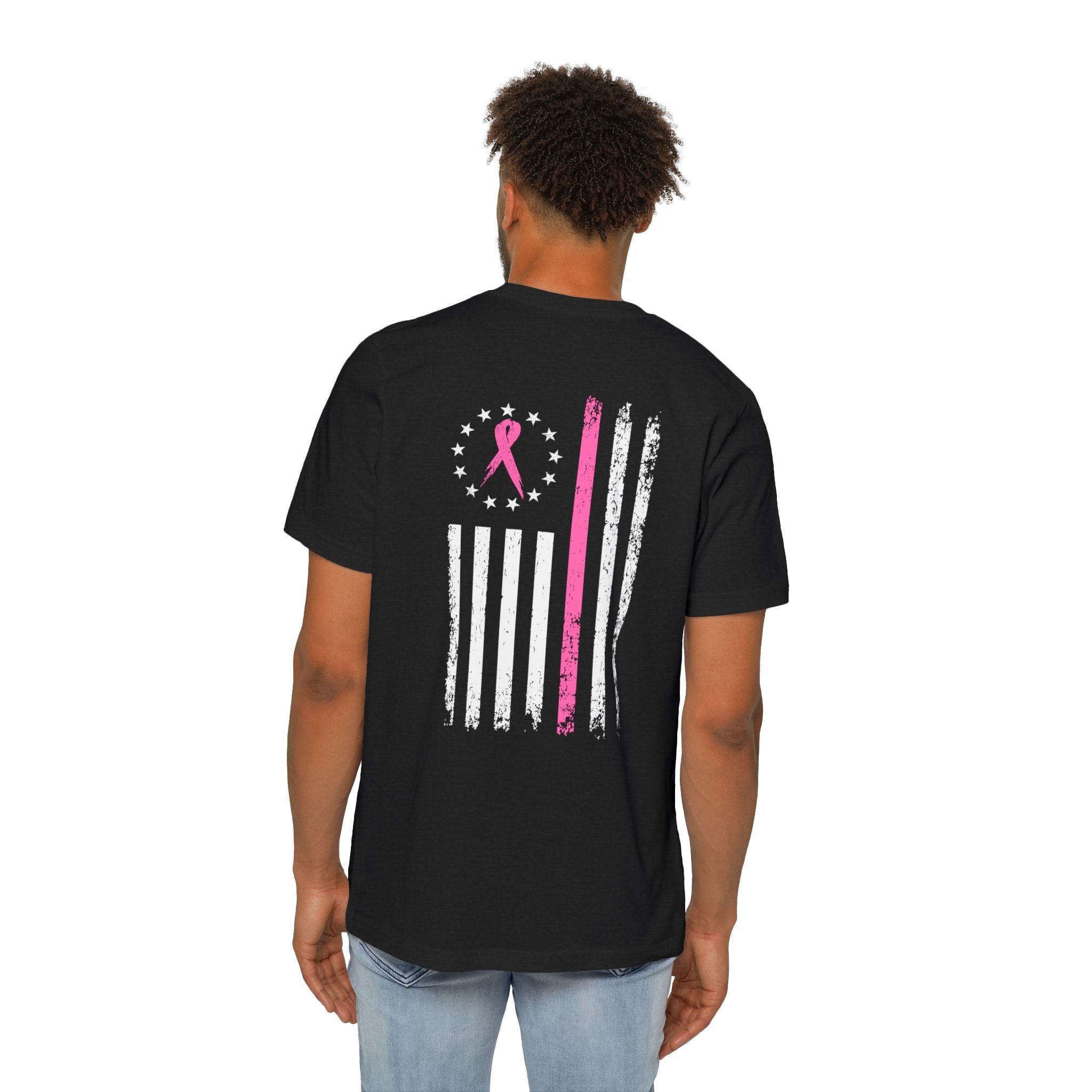 US Flag Pink Stripe Breast Cancer Awareness Support T-Shirt | Think Pink Line Graphic Tee - Deez Teez